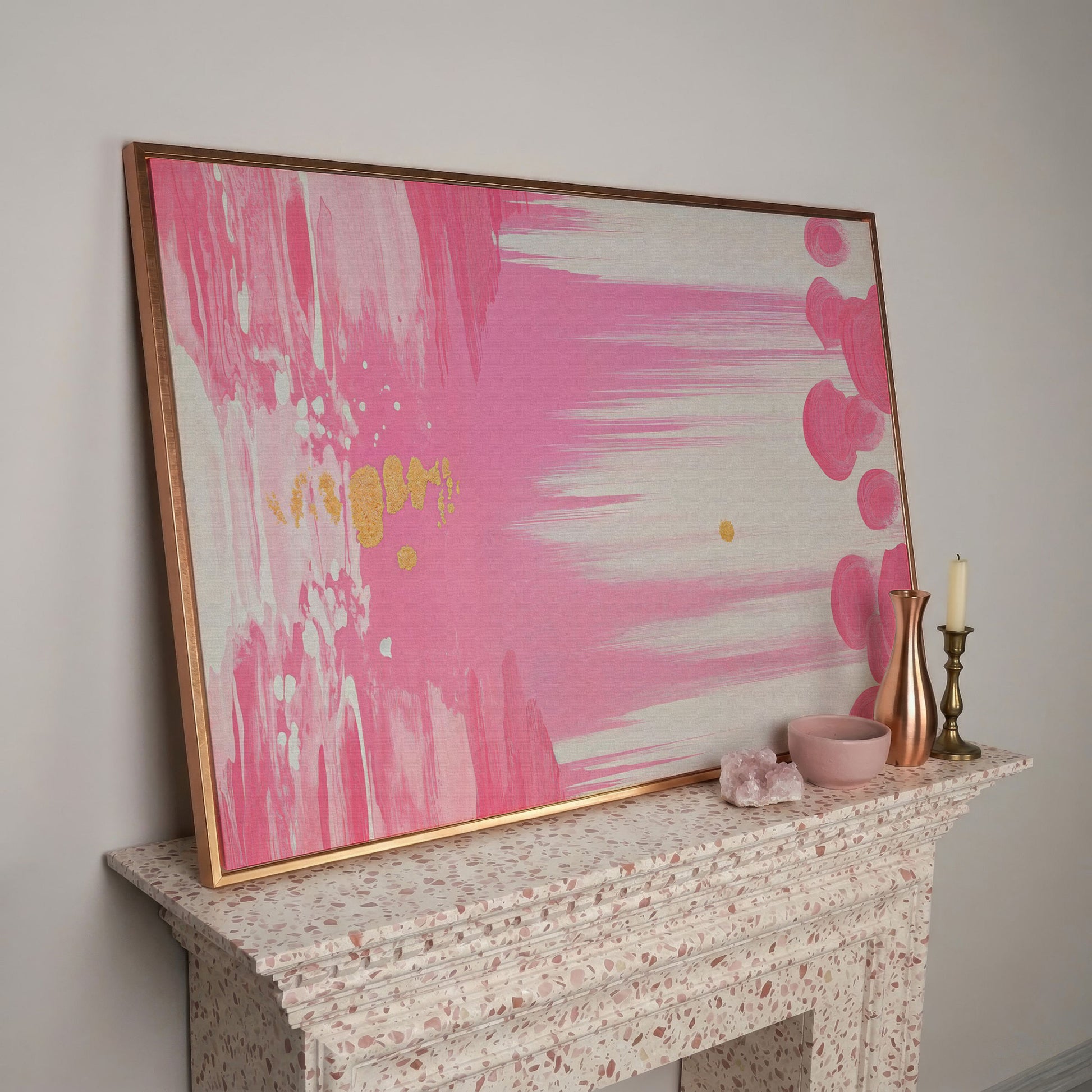 Abstract Pink and Gold Brush Strokes Canvas in rose gold floating frame