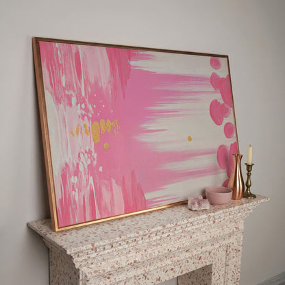 Abstract Pink and Gold Brush Strokes Canvas in rose gold floating frame