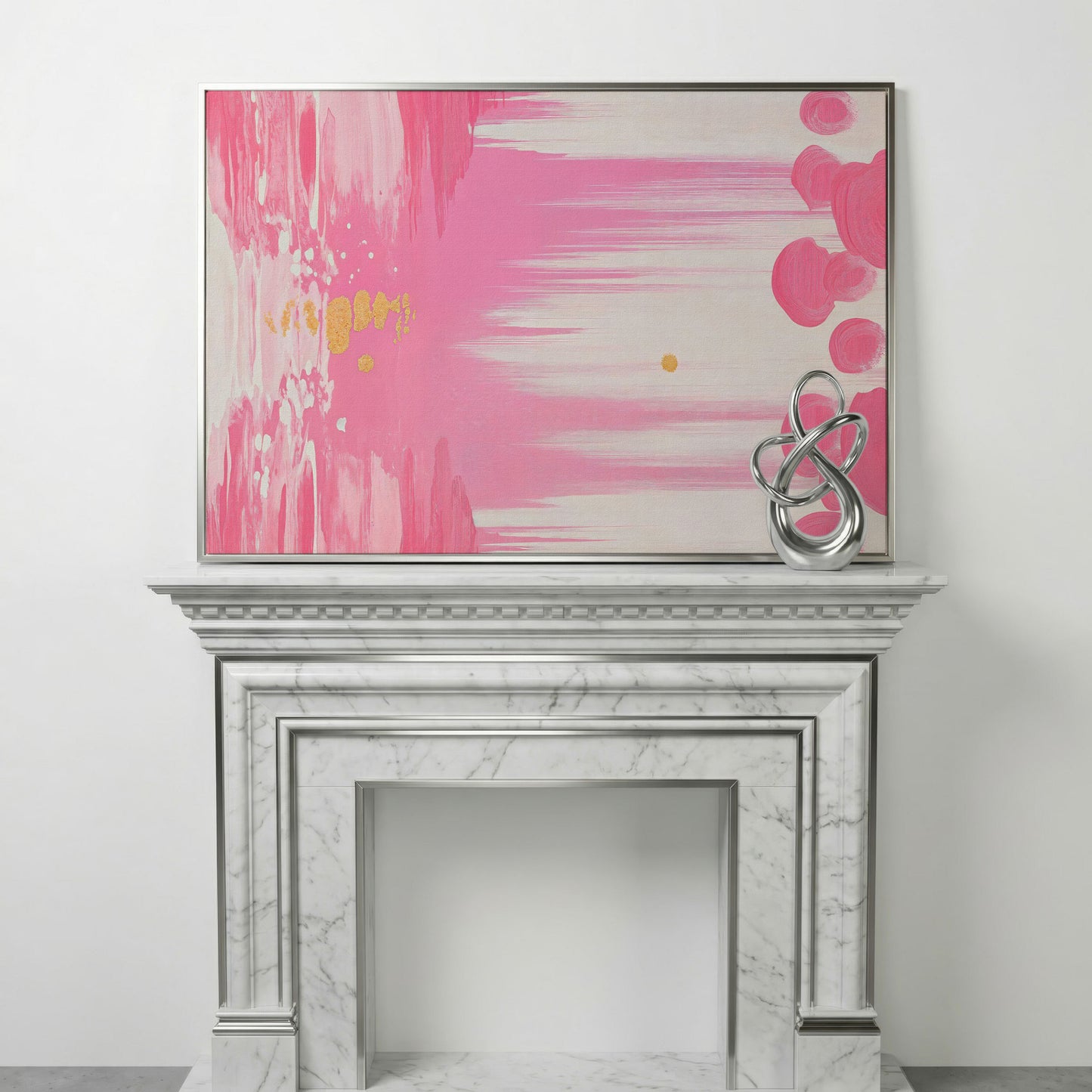 Abstract Pink and Gold Brush Strokes Canvas in silver floating frame
