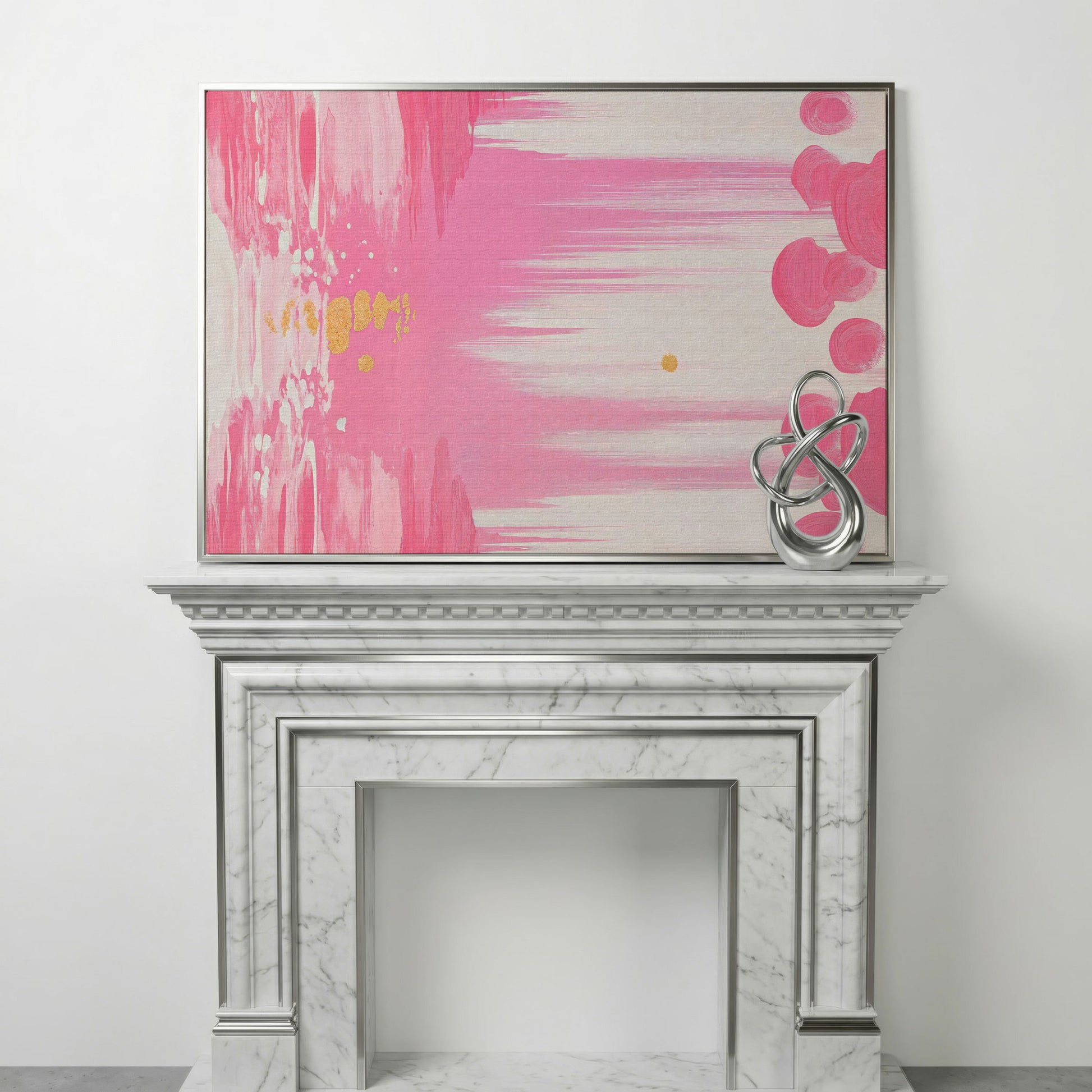 Abstract Pink and Gold Brush Strokes Canvas in silver floating frame