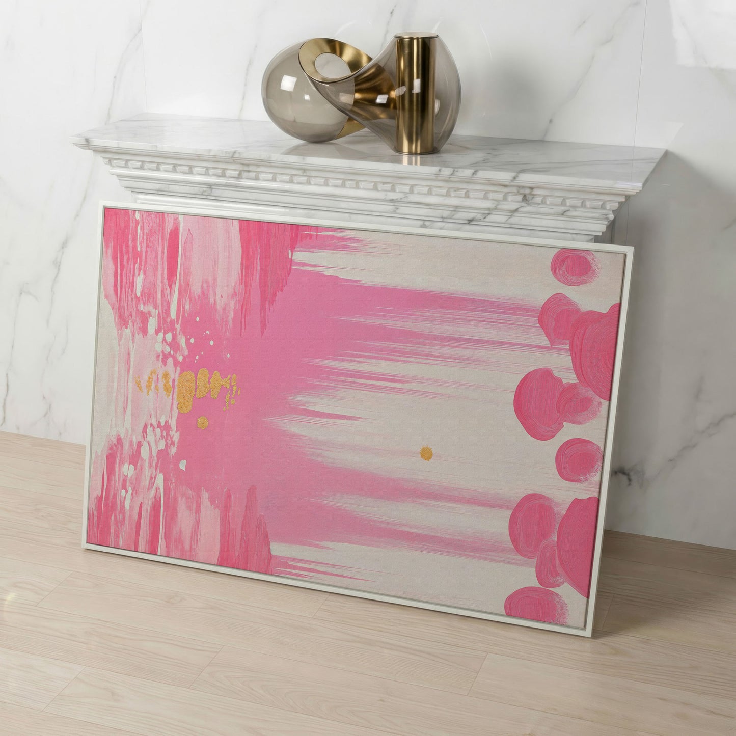 Abstract Pink and Gold Brush Strokes Canvas in white floating frame