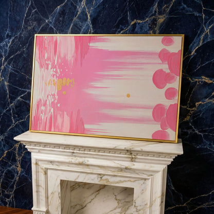 Abstract Pink and Gold Brush Strokes Canvas in yellow gold floating frame