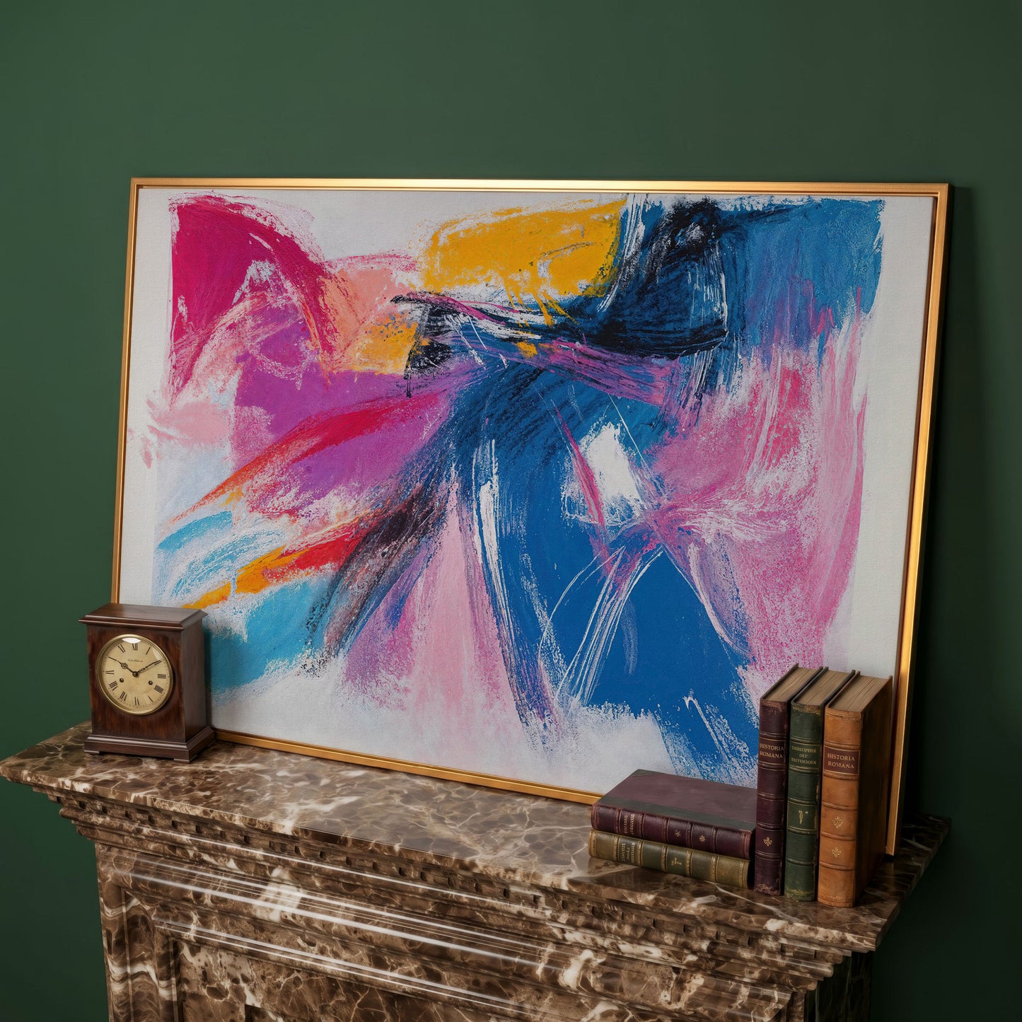 Pink & Blue Abstract Canvas with Golden Yellow Accents in antique gold floating frame