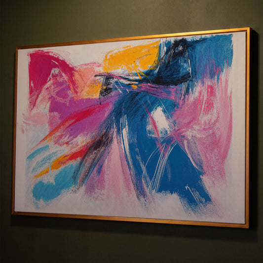 Pink & Blue Abstract Canvas with Golden Yellow Accents shown in antique gold floating frame