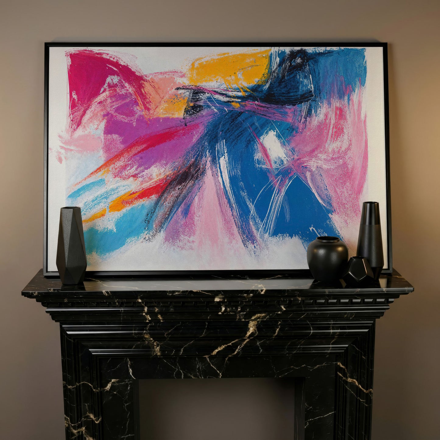 Pink & Blue Abstract Canvas with Golden Yellow Accents in black floating frame