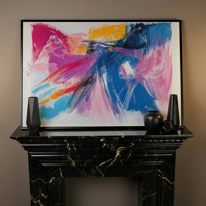 Pink & Blue Abstract Canvas with Golden Yellow Accents in black floating frame