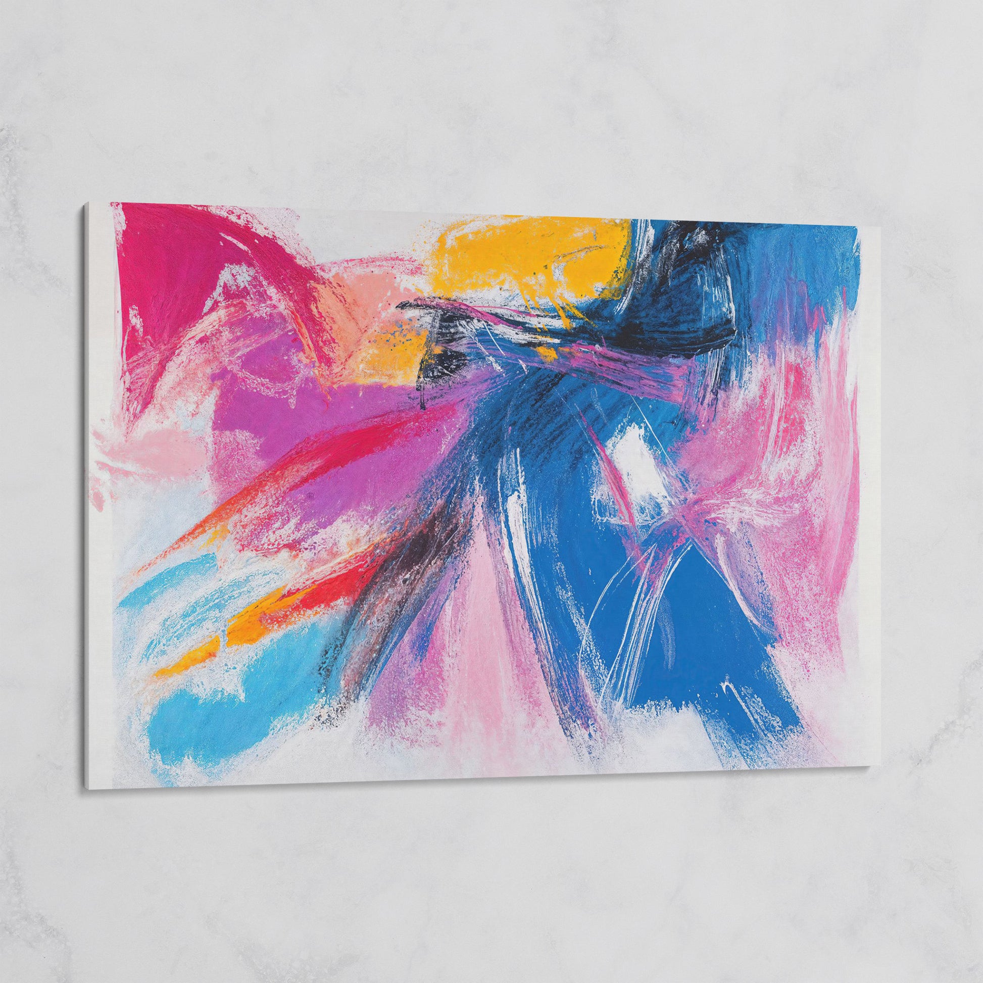 Pink & Blue Abstract Canvas with Golden Yellow Accents on gallery wrap
