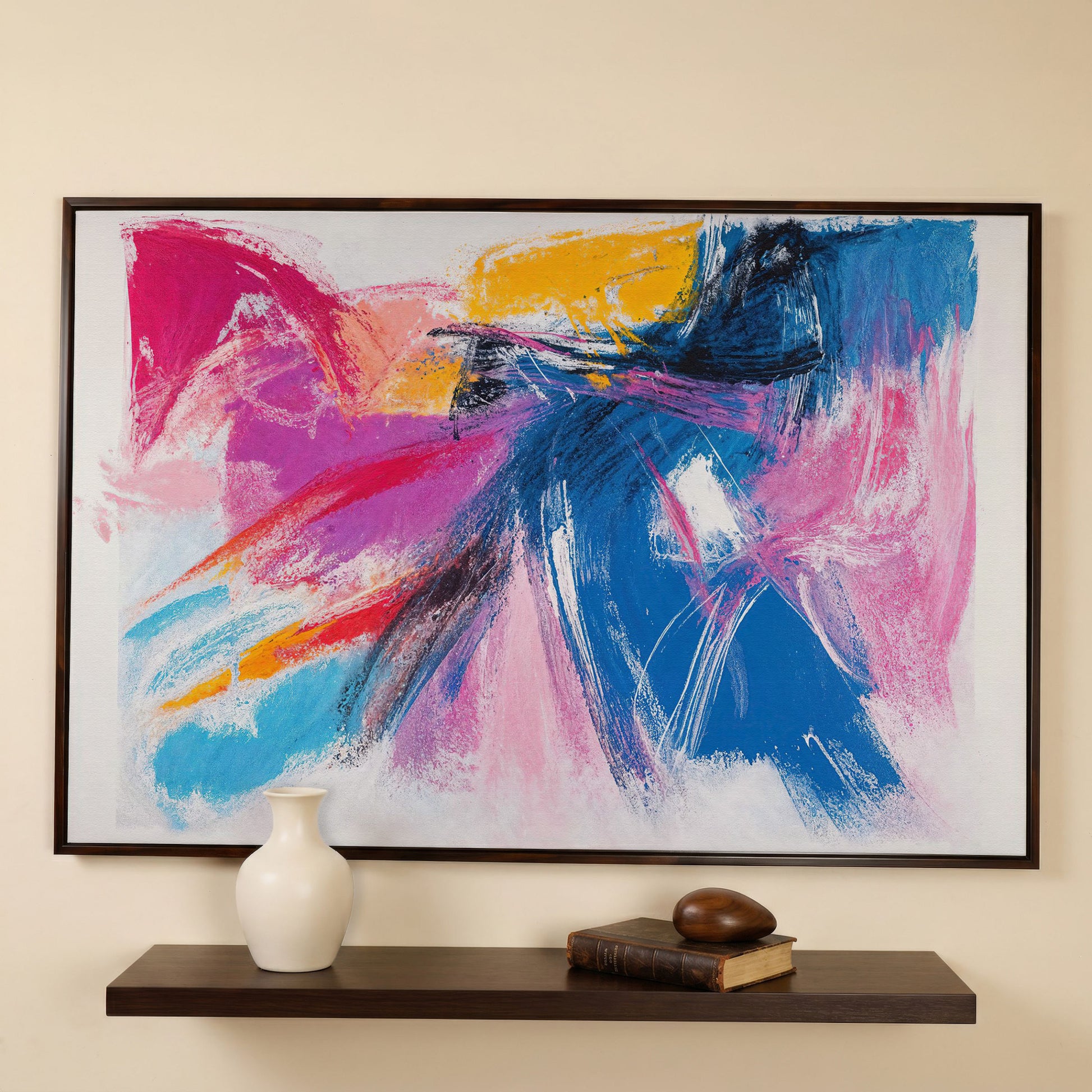 Pink & Blue Abstract Canvas with Golden Yellow Accents in dark walnut floating frame