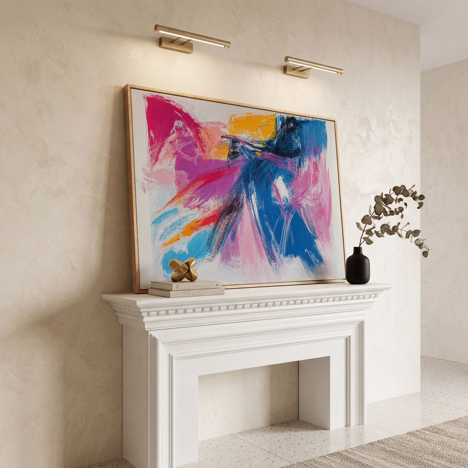 Pink & Blue Abstract Canvas with Golden Yellow Accents in white oak floating frame