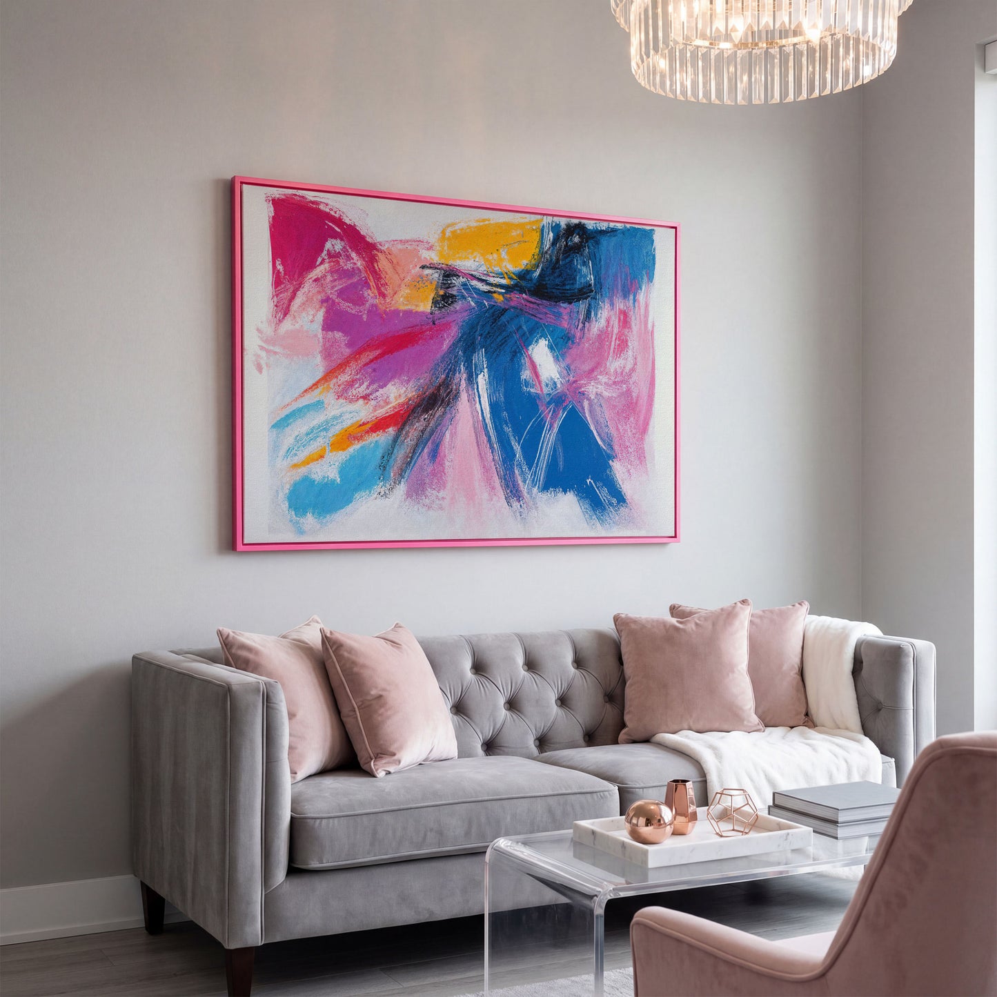 Pink & Blue Abstract Canvas with Golden Yellow Accents in pink floating frame