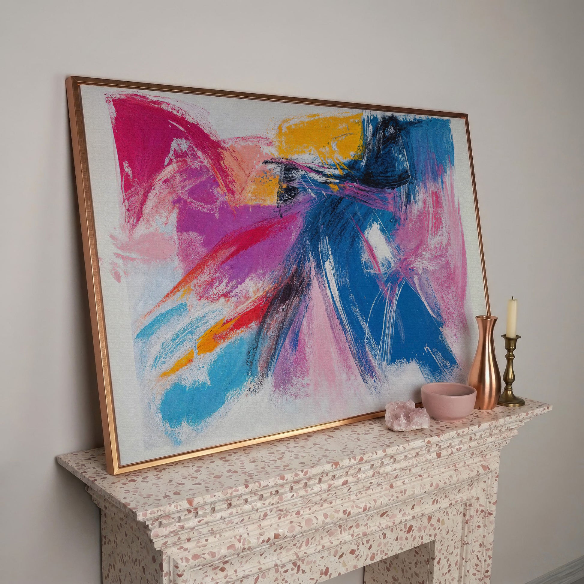 Pink & Blue Abstract Canvas with Golden Yellow Accents in rose gold floating frame