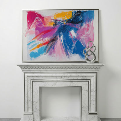 Pink & Blue Abstract Canvas with Golden Yellow Accents in silver floating frame