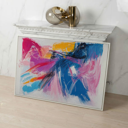 Pink & Blue Abstract Canvas with Golden Yellow Accents in white floating frame