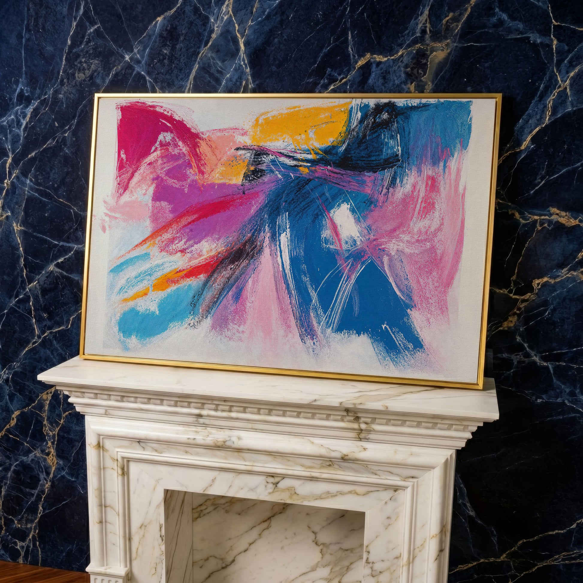Pink & Blue Abstract Canvas with Golden Yellow Accents in yellow gold floating frame