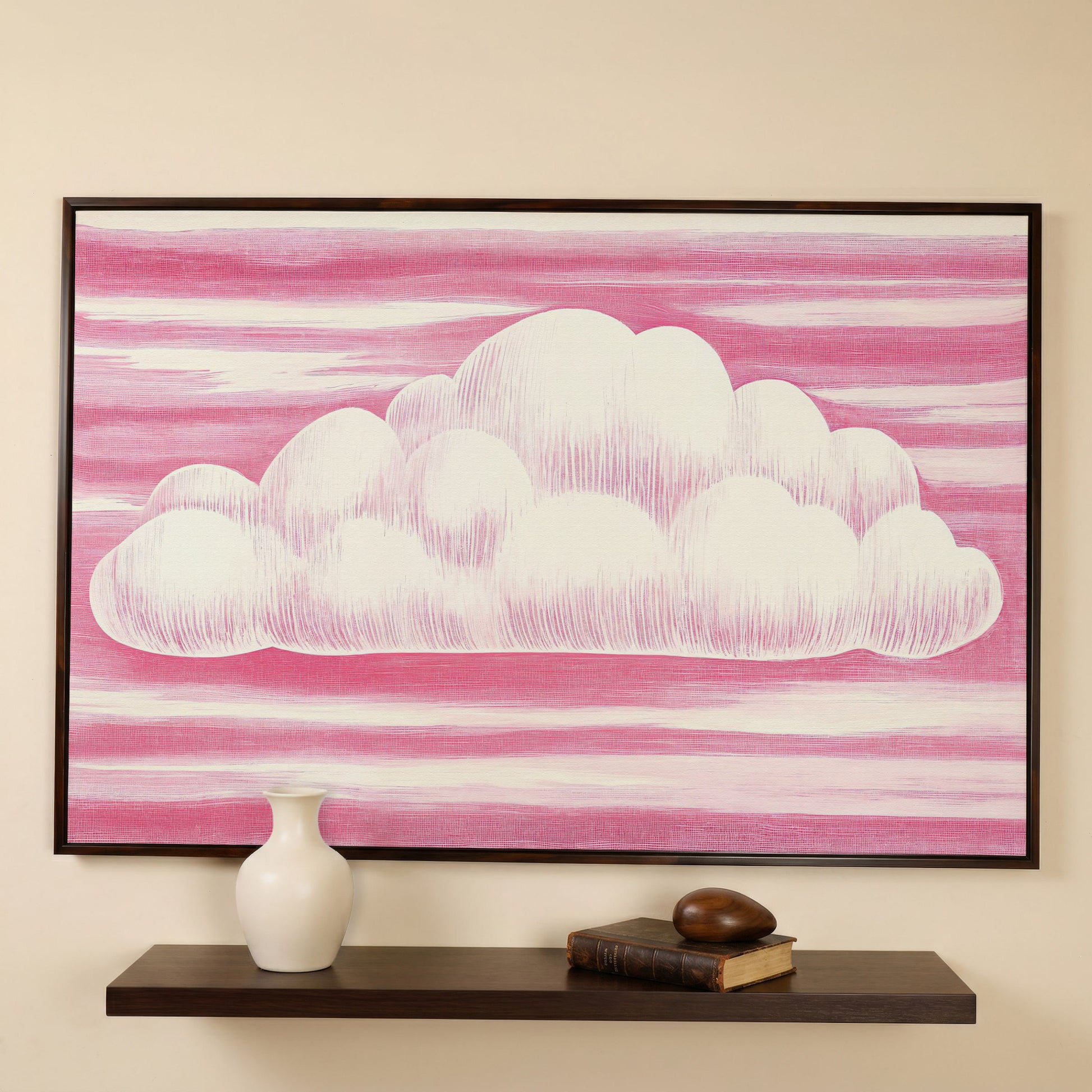 Pink Cloud Canvas Art for Kids' Rooms in dark walnut floating frame