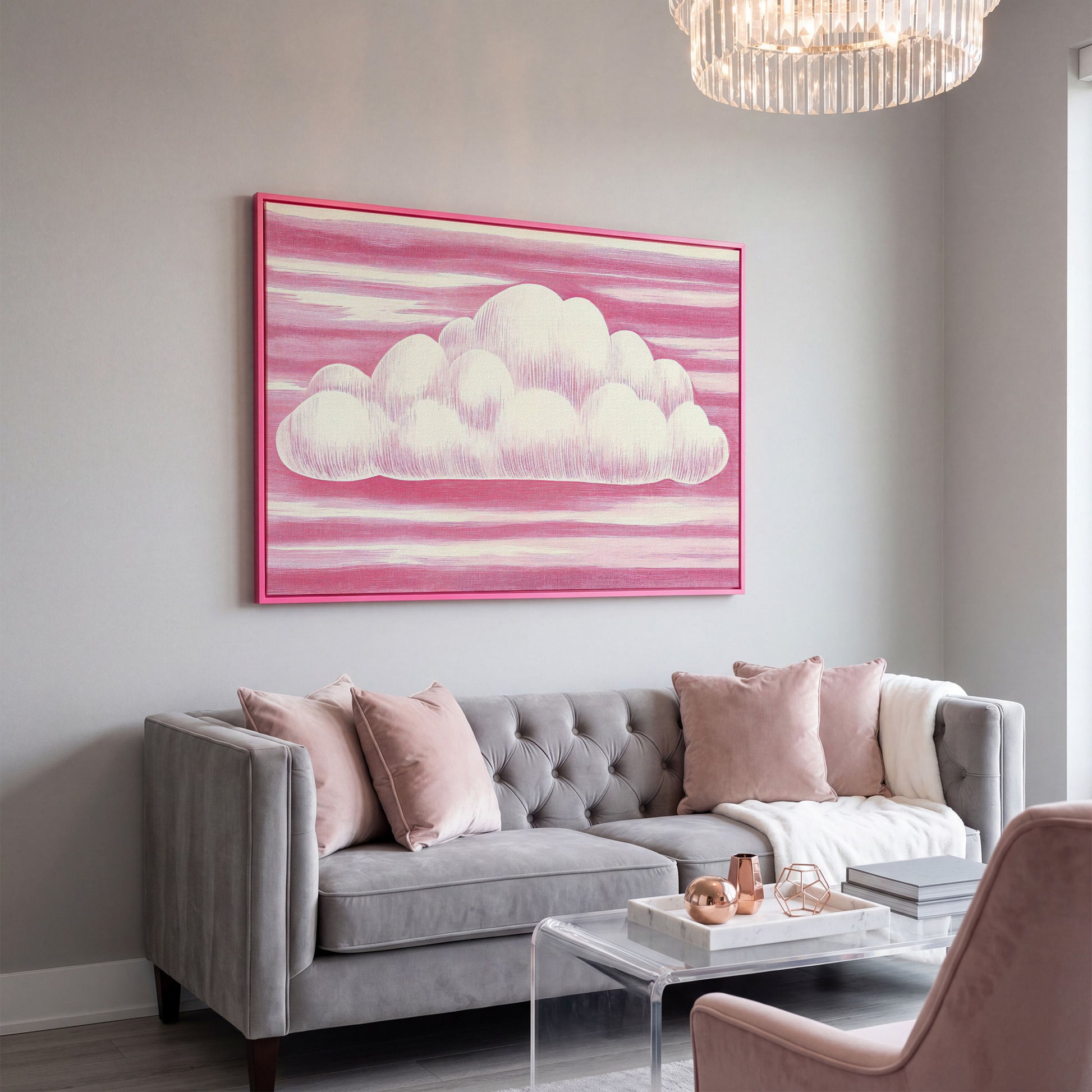 Pink Cloud Canvas Art for Kids' Rooms in pink floating frame