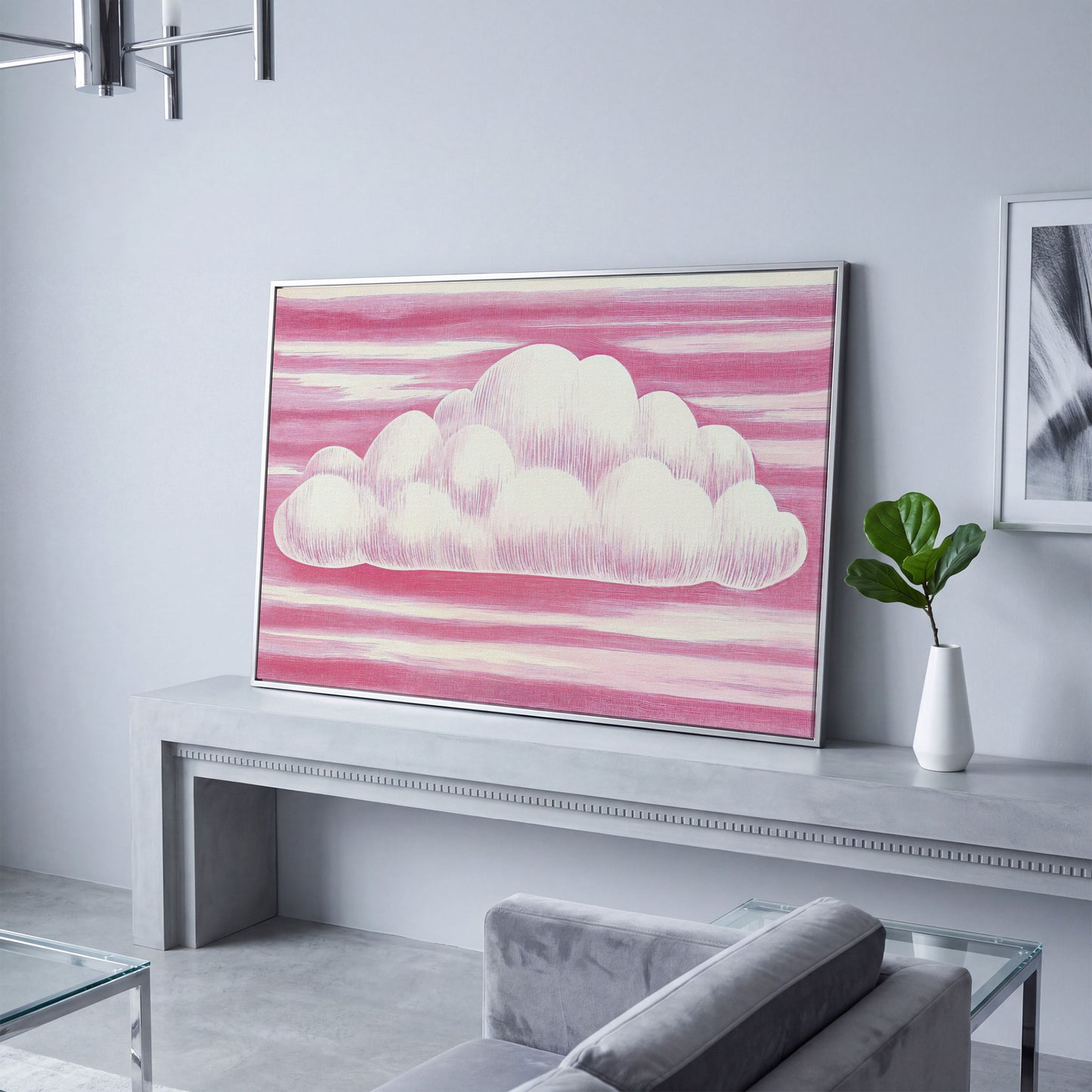Pink Cloud Canvas Art for Kids' Rooms in silver floating frame
