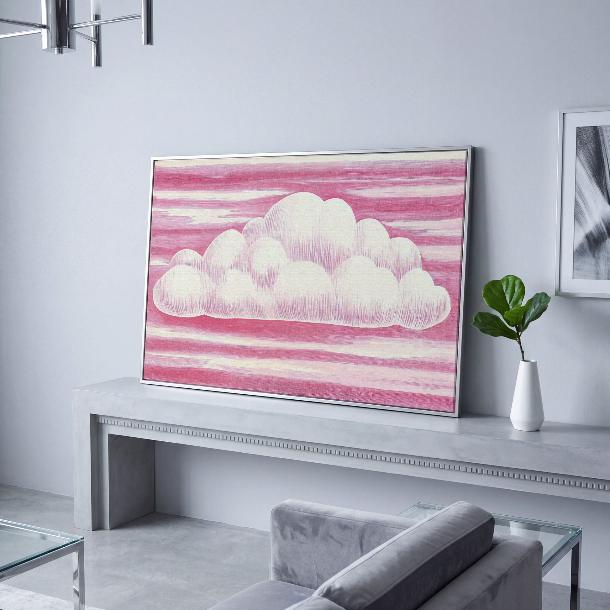 Pink Cloud Canvas Art for Kids' Rooms in silver floating frame