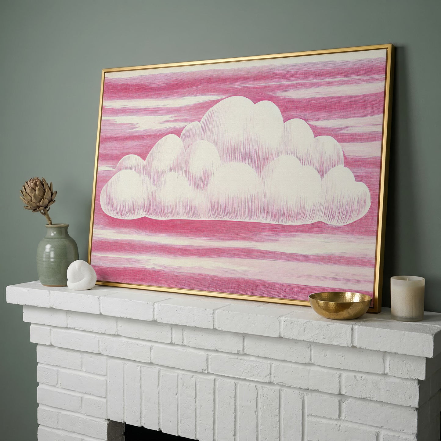 Pink Cloud Canvas Art for Kids' Rooms in yellow gold floating frame