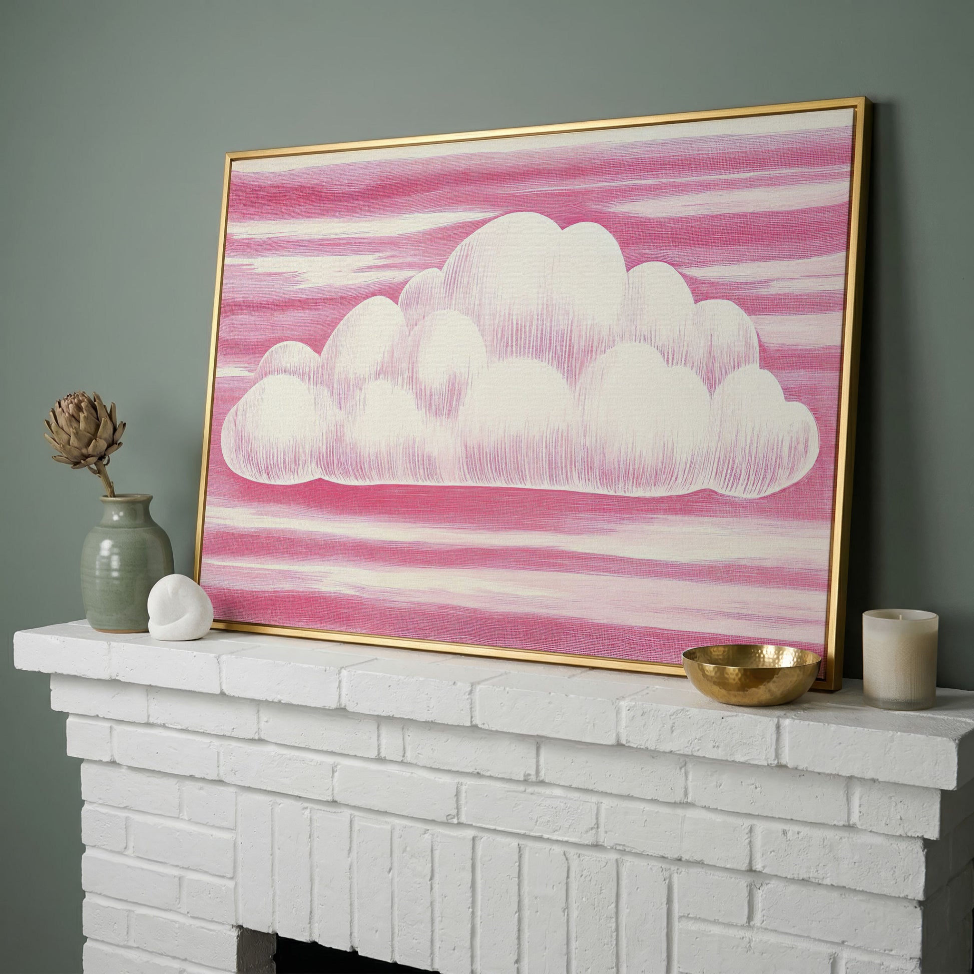 Pink Cloud Canvas Art for Kids' Rooms in yellow gold floating frame