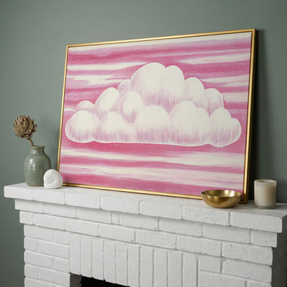 Pink Cloud Canvas Art for Kids' Rooms in yellow gold floating frame