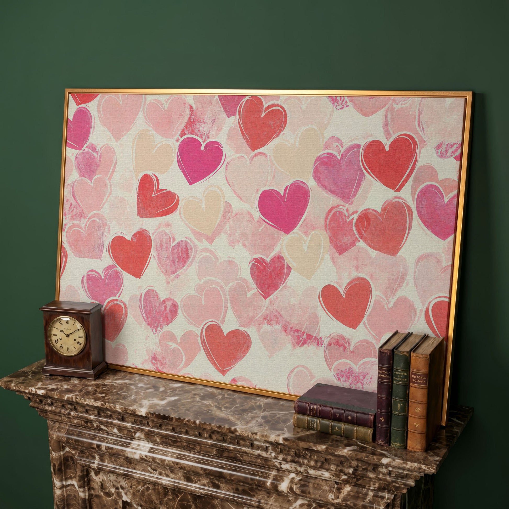 Pink Hearts Canvas for Valentine's Day & Romantic Bedrooms in antique gold floating frame