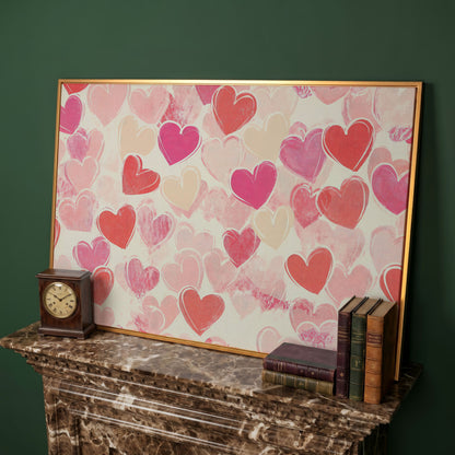 Pink Hearts Canvas for Valentine's Day & Romantic Bedrooms in antique gold floating frame