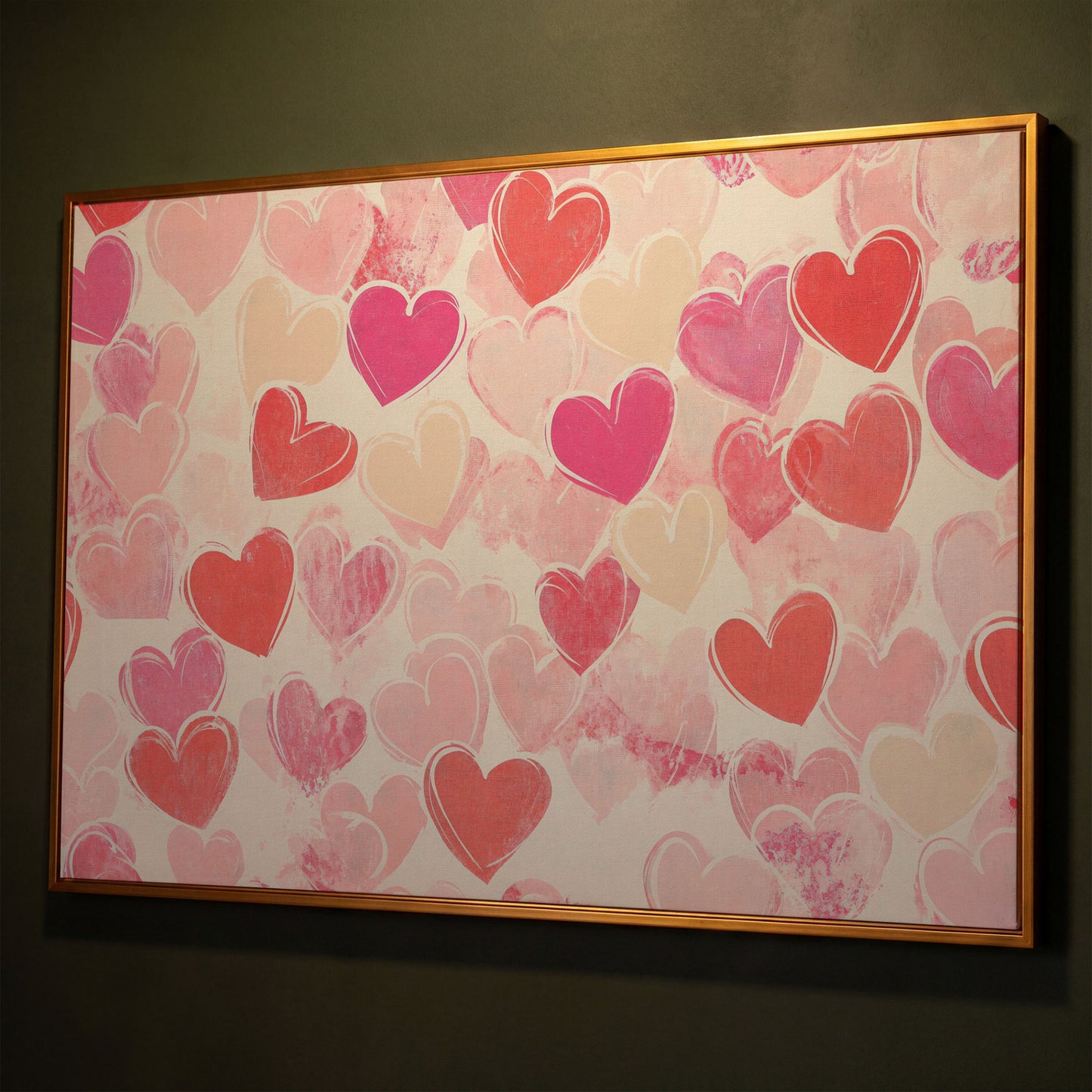 Pink Hearts Canvas for Valentine's Day & Romantic Bedrooms shown in antique gold floating frame