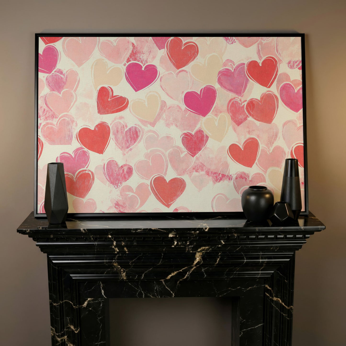 Pink Hearts Canvas for Valentine's Day & Romantic Bedrooms in black floating frame