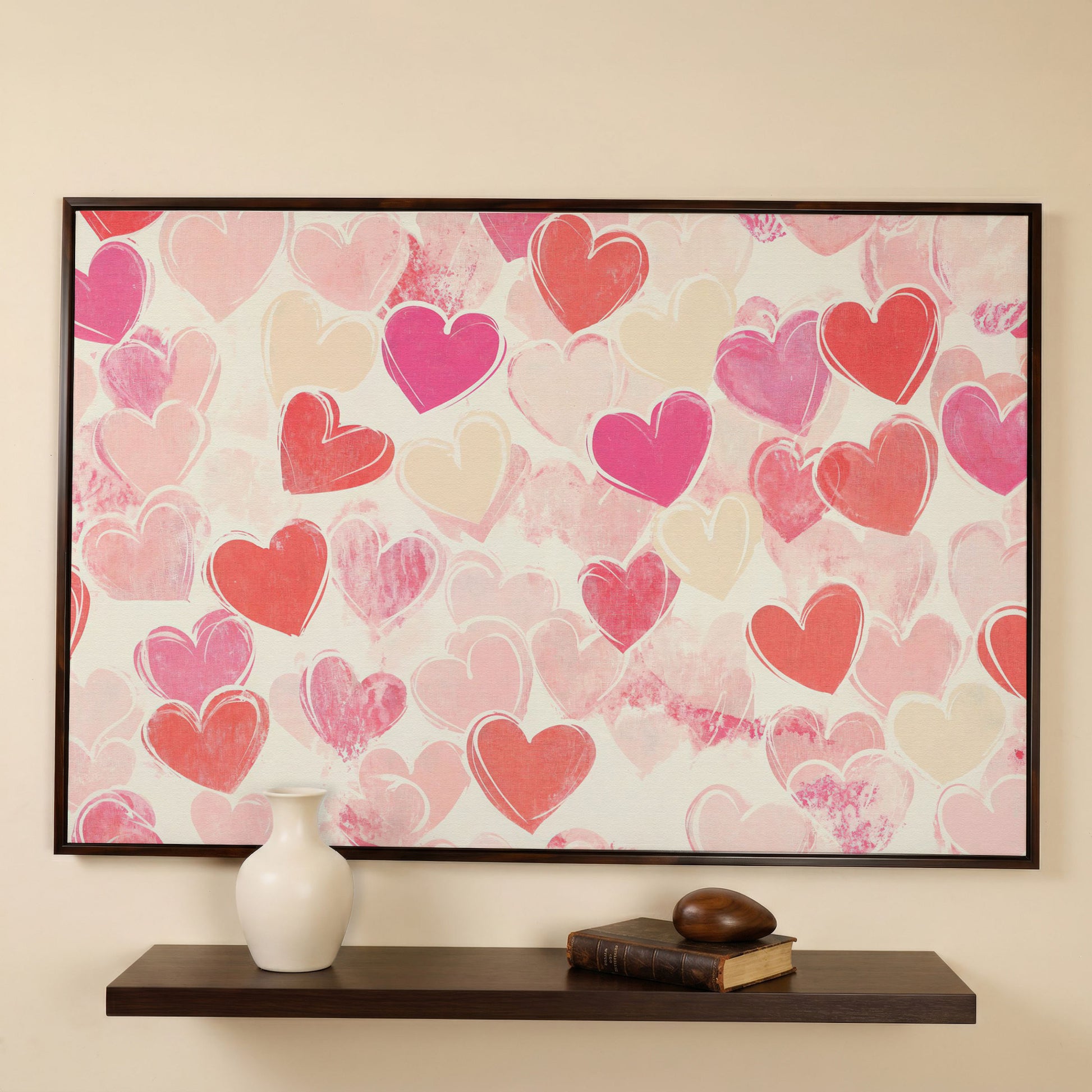 Pink Hearts Canvas for Valentine's Day & Romantic Bedrooms in dark walnut floating frame