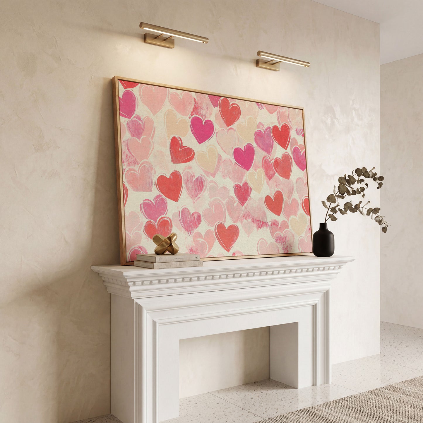 Pink Hearts Canvas for Valentine's Day & Romantic Bedrooms in white oak floating frame