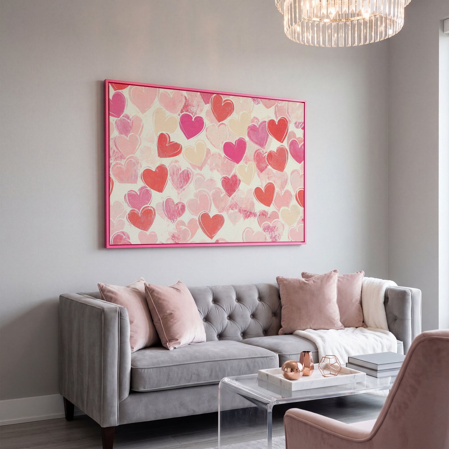 Pink Hearts Canvas for Valentine's Day & Romantic Bedrooms in pink floating frame
