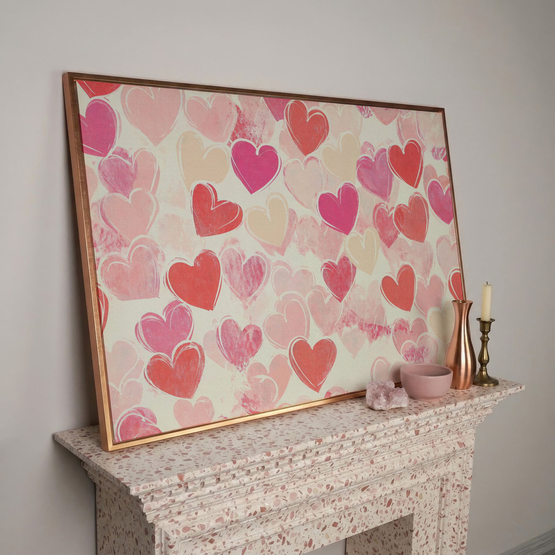 Pink Hearts Canvas for Valentine's Day & Romantic Bedrooms in rose gold floating frame