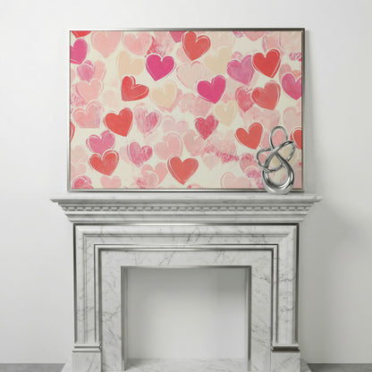 Pink Hearts Canvas for Valentine's Day & Romantic Bedrooms in silver floating frame