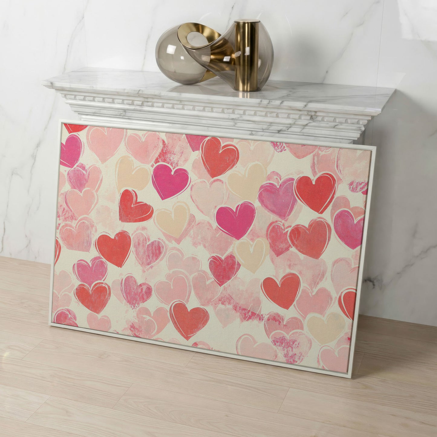 Pink Hearts Canvas for Valentine's Day & Romantic Bedrooms in white floating frame