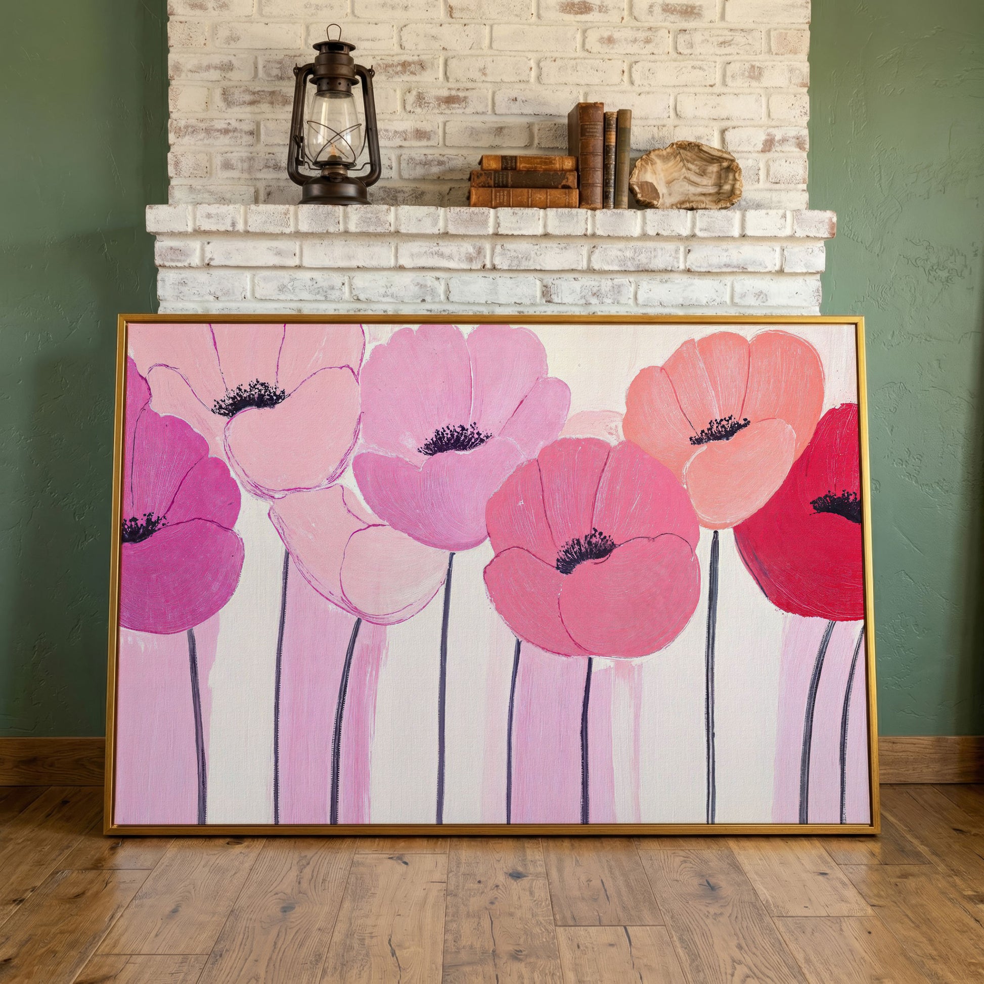 Pink and Red Poppies Canvas Print in antique gold floating frame