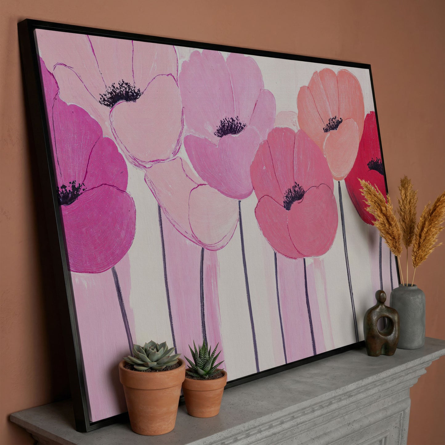 Pink and Red Poppies Canvas Print in black floating frame