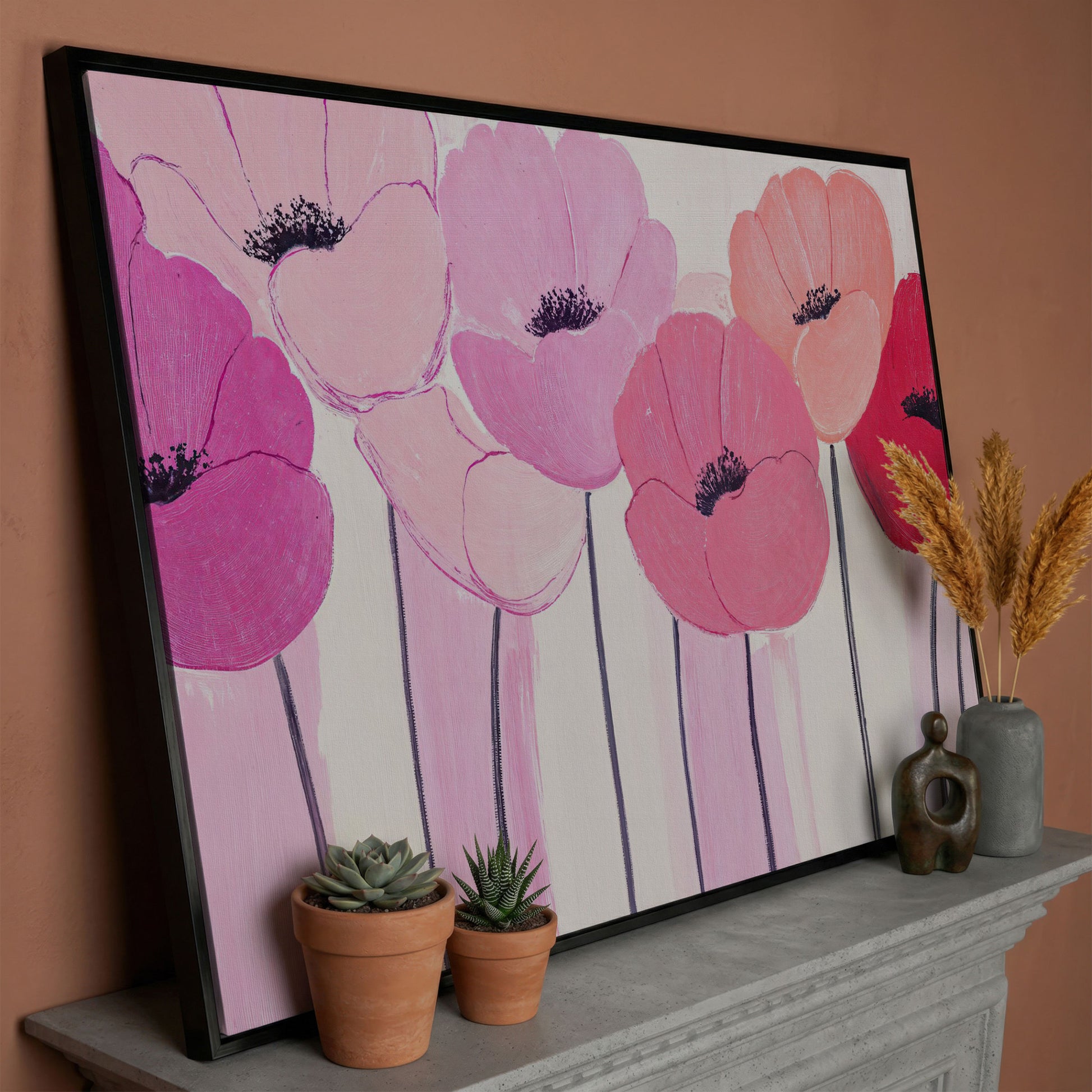 Pink and Red Poppies Canvas Print in black floating frame