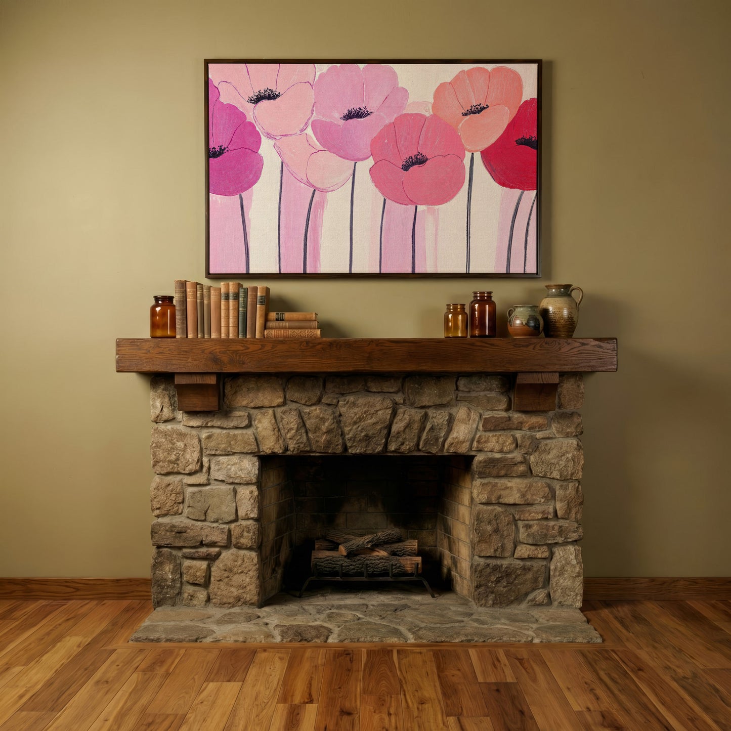 Pink and Red Poppies Canvas Print in dark walnut floating frame