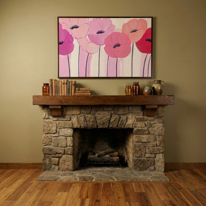 Pink and Red Poppies Canvas Print in dark walnut floating frame