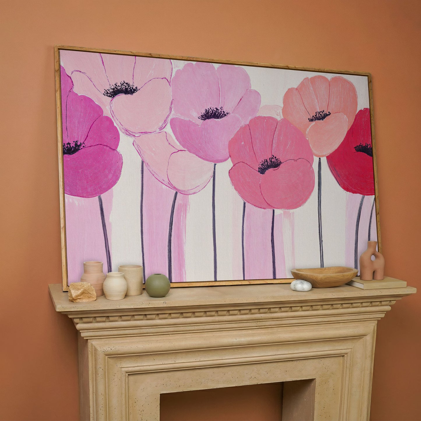 Pink and Red Poppies Canvas Print in white oak floating frame