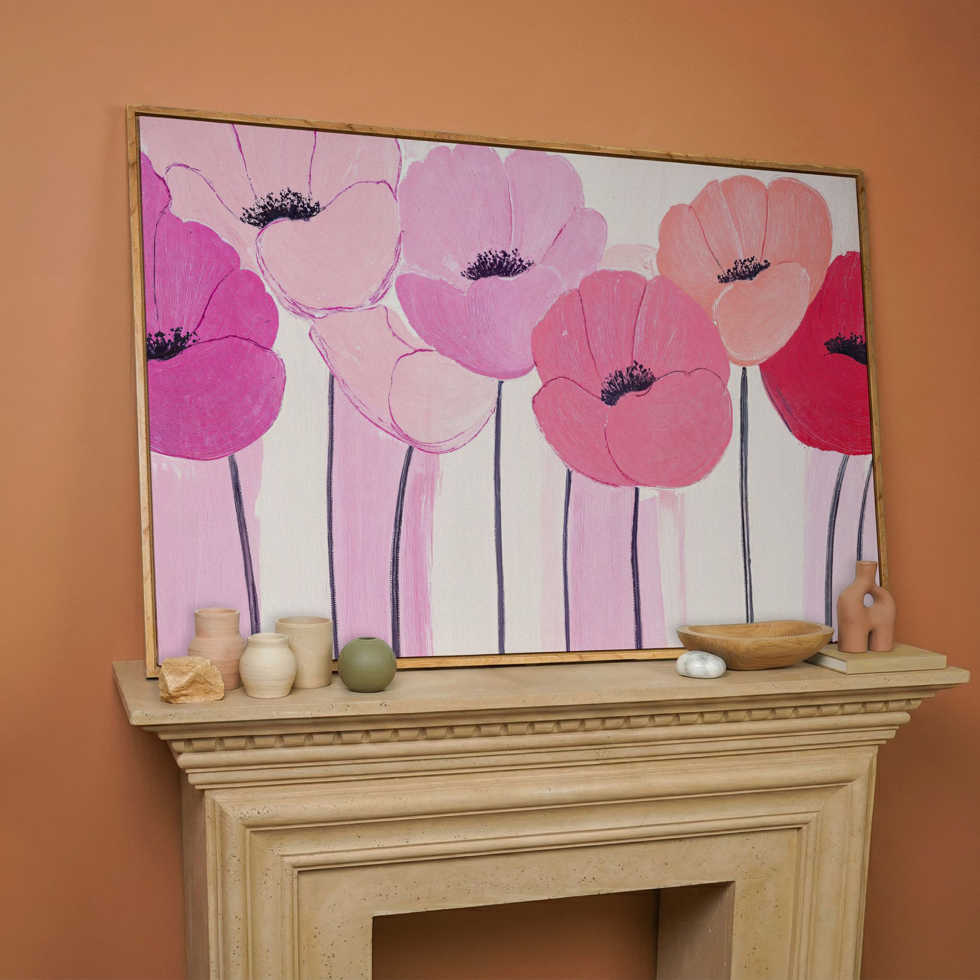 Pink and Red Poppies Canvas Print in white oak floating frame