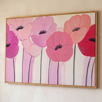 Pink and Red Poppies Canvas Print shown in white oak floating frame