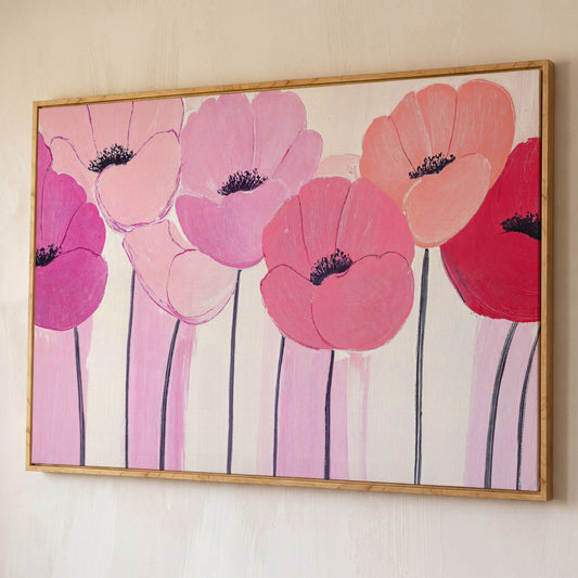 Pink and Red Poppies Canvas Print shown in white oak floating frame
