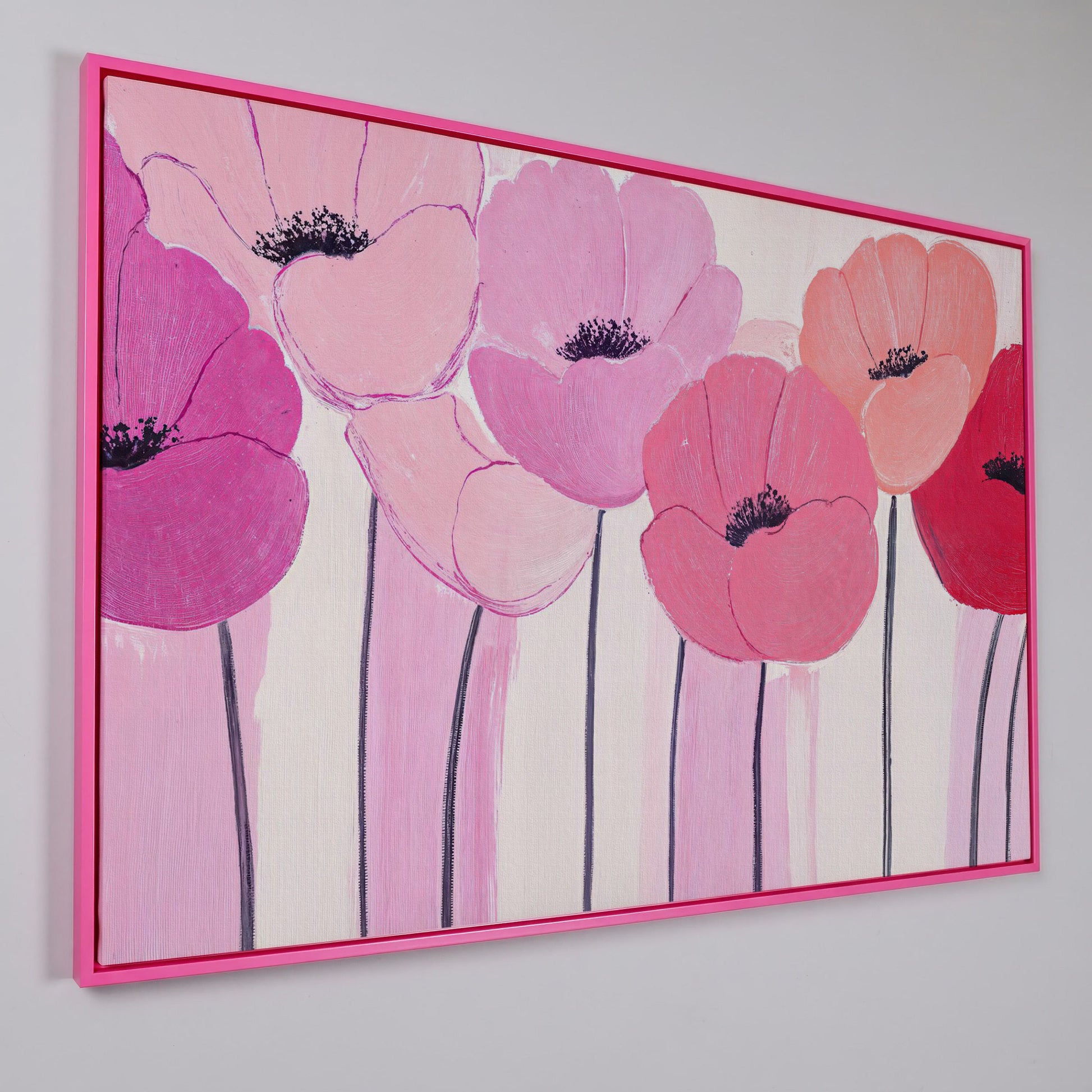 Pink and Red Poppies Canvas Print in pink floating frame