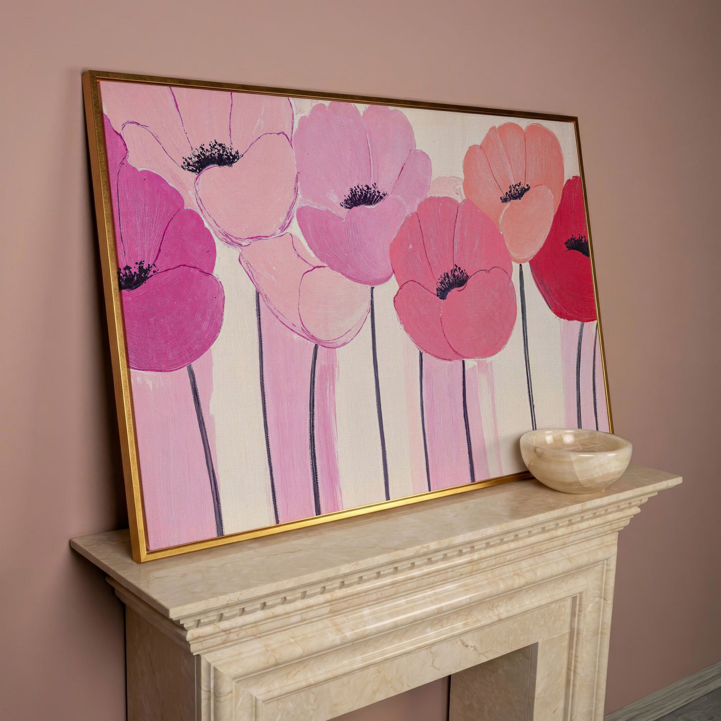 Pink and Red Poppies Canvas Print in rose gold floating frame