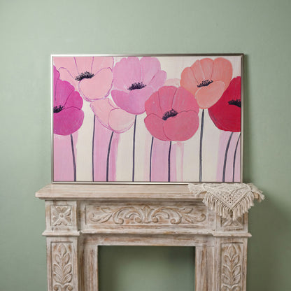 Pink and Red Poppies Canvas Print in silver floating frame