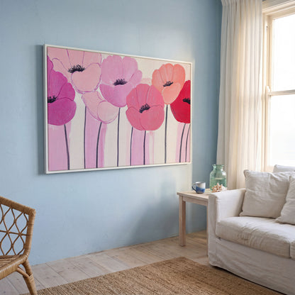 Pink and Red Poppies Canvas Print in white floating frame