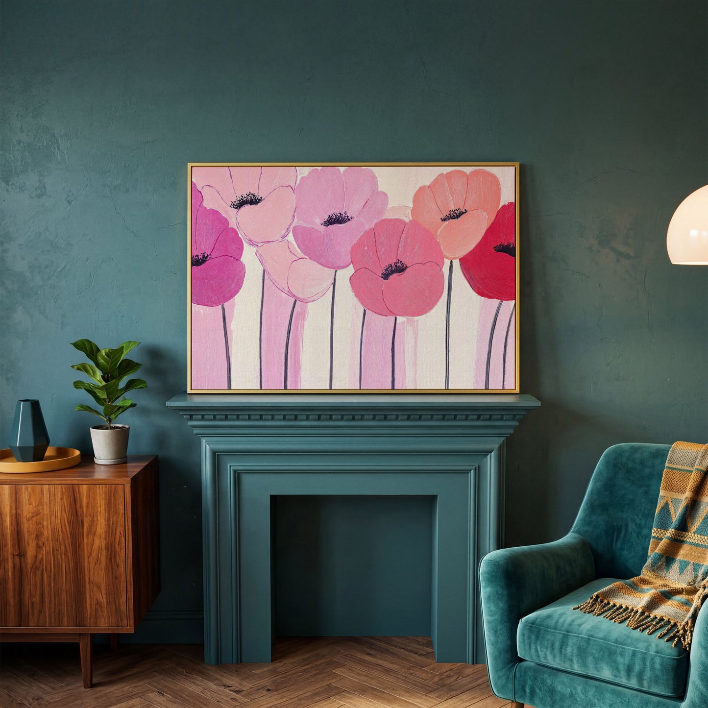 Pink and Red Poppies Canvas Print in yellow gold floating frame