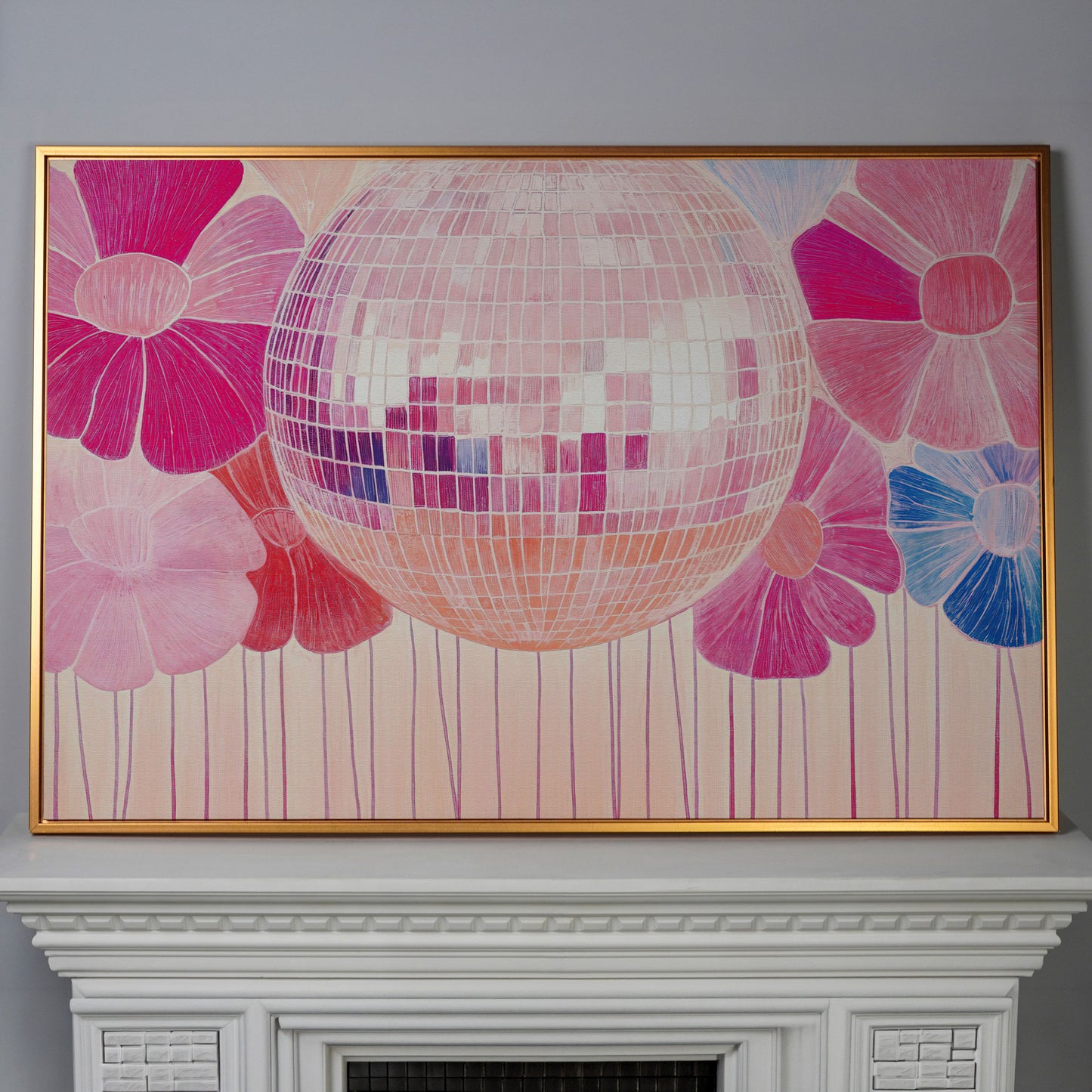 Disco Ball & Pink Flowers Canvas in antique gold floating frame